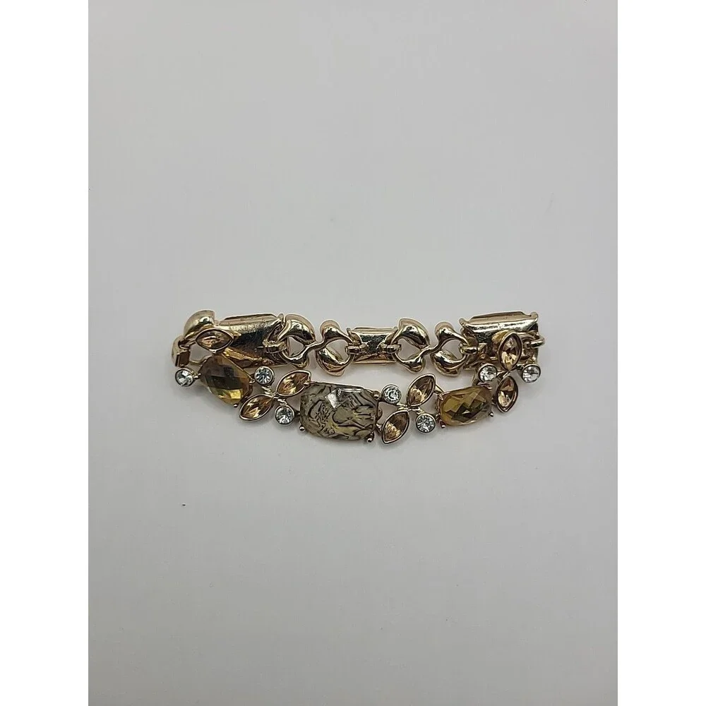 Napier Bracelet Gold Tone Amber Glass Rhinestone Link Statement Vintage Style - Picture 9 of 10